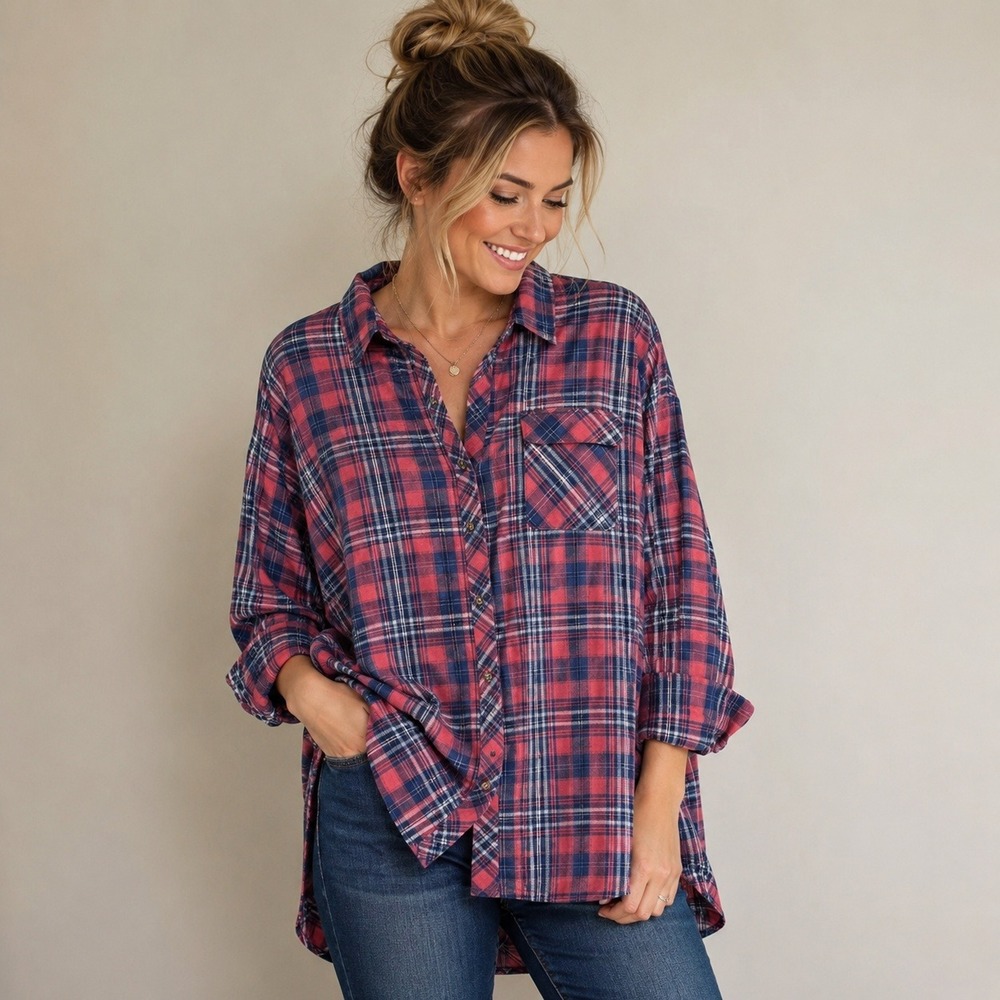 J. Jill Denim Womens Large Red Navy Plaid Vented Back Cotton‎ Button Down Shirt